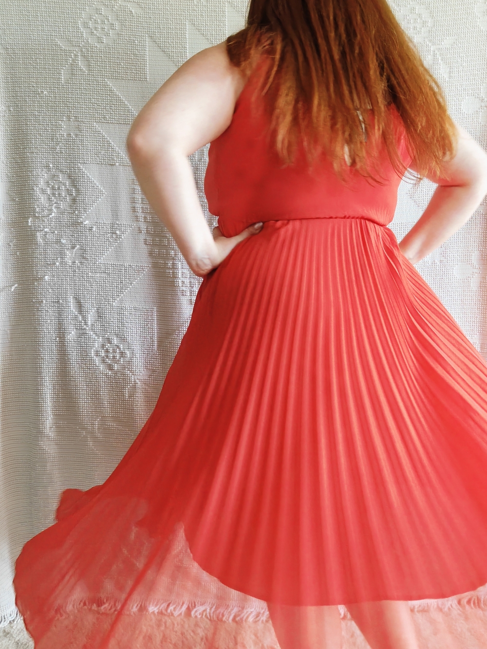 NWT RW&CO | Coral Pleated Midi Dress | Wedding Guest Cocktail Summer | Size L